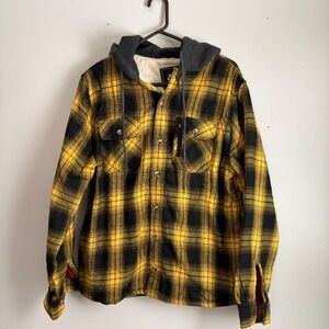 Yoki Mens Hooded Plaid Flannel Shirt Jacket Sherpa Lined Yellow Black Size L NEW